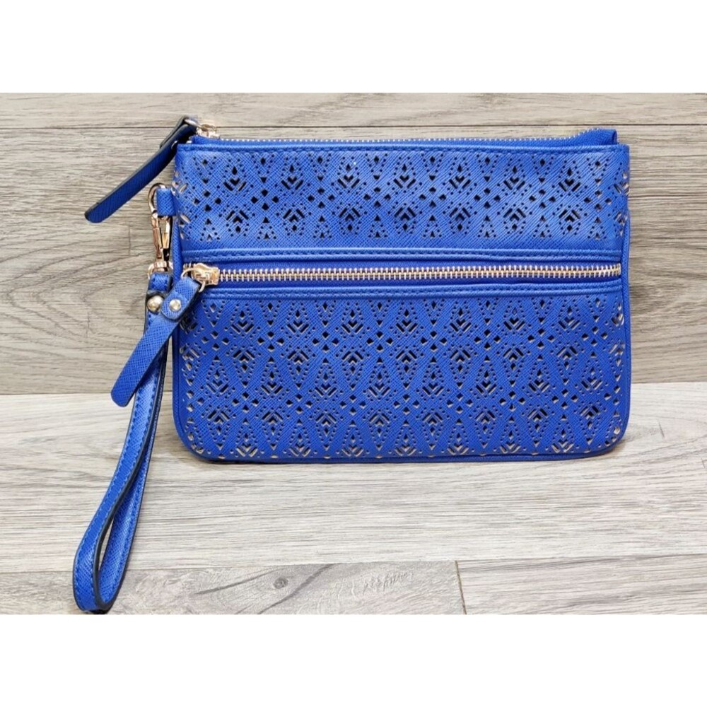 Street Level Royal Blue Laser Cut Wristlet Clutch Vegan Leather Geometric Pouch